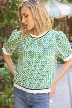 Striped Band Detailed Printed Knit Top - Lush Lemon - Women&