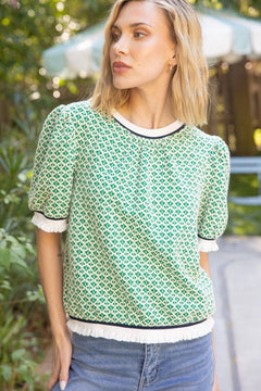 Striped Band Detailed Printed Knit Top - Lush Lemon - Women&