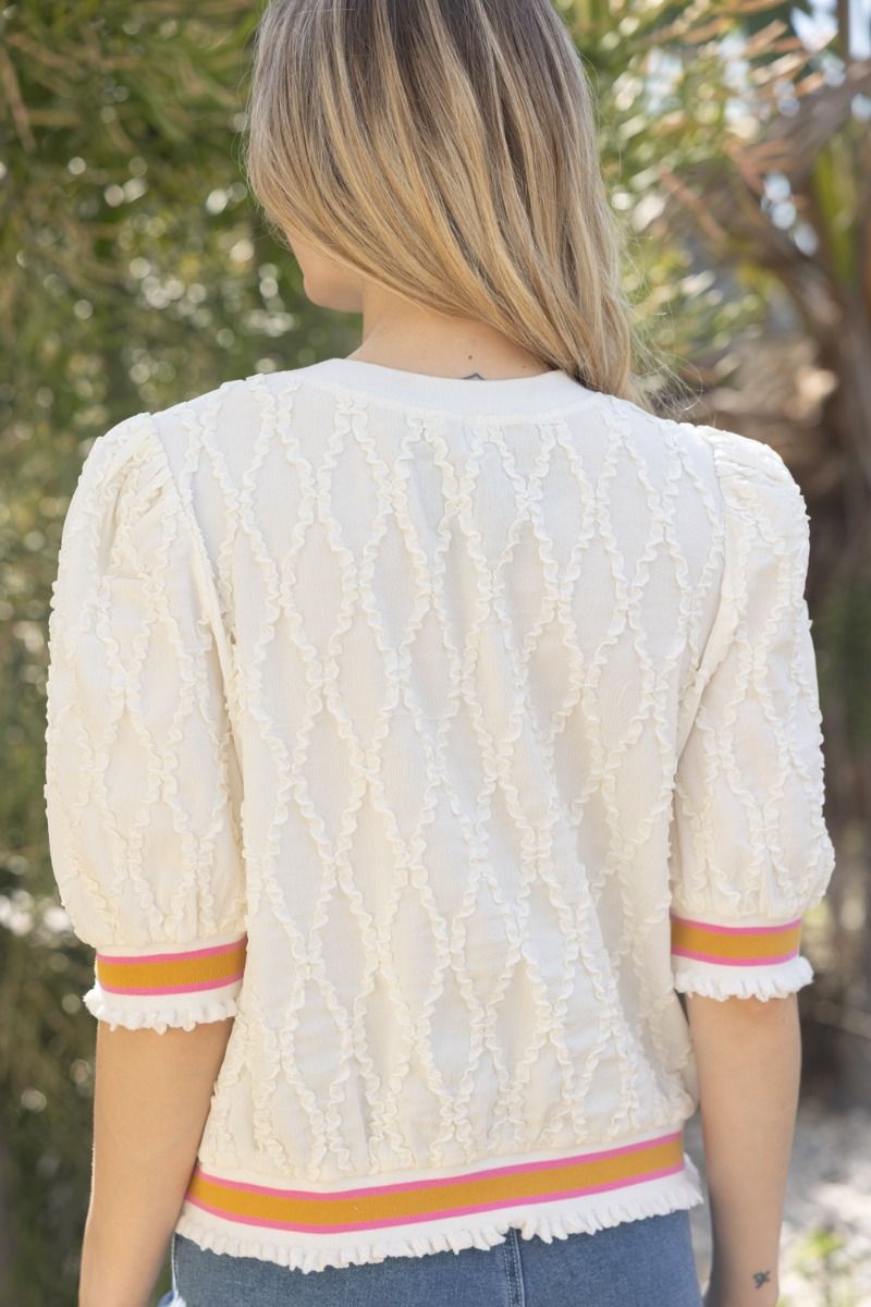Striped Band Diamond Textured Top - Lush Lemon - Women's Clothing - Voy - 63276161064989