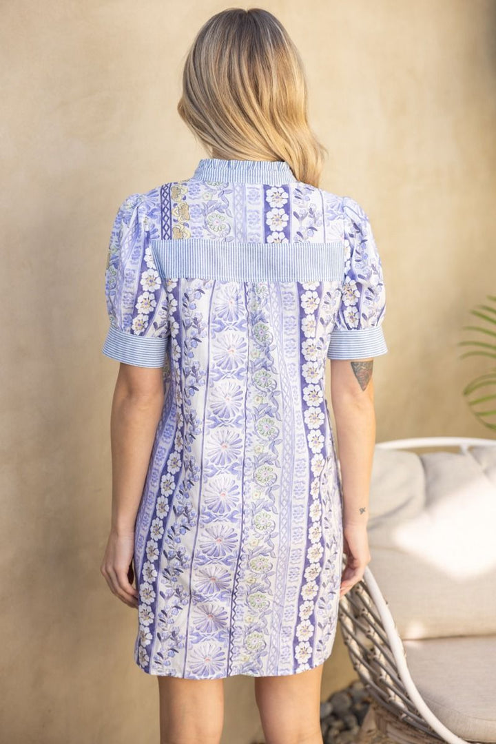 Striped Band Floral Embroidered Dress - Lush Lemon - Women's Clothing - Voy - 99872121093821