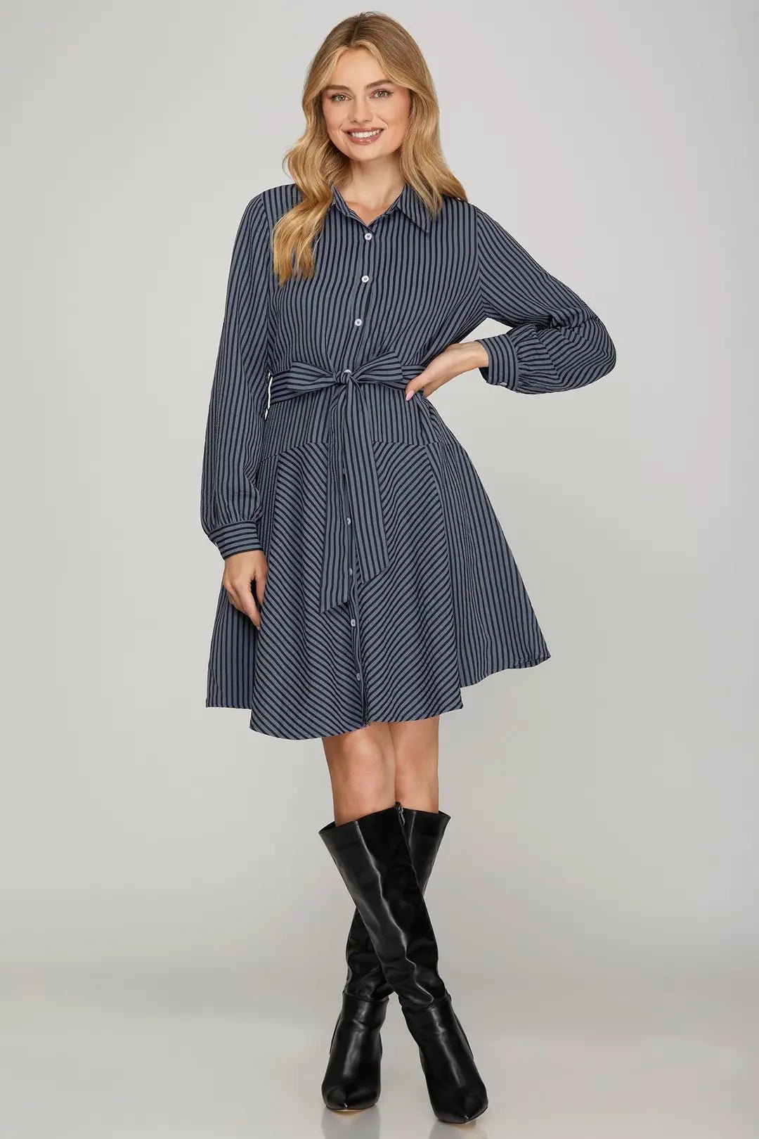 Striped Button - Down Mini Dress - Lush Lemon - Women's Clothing - She + Sky - 70515221023997