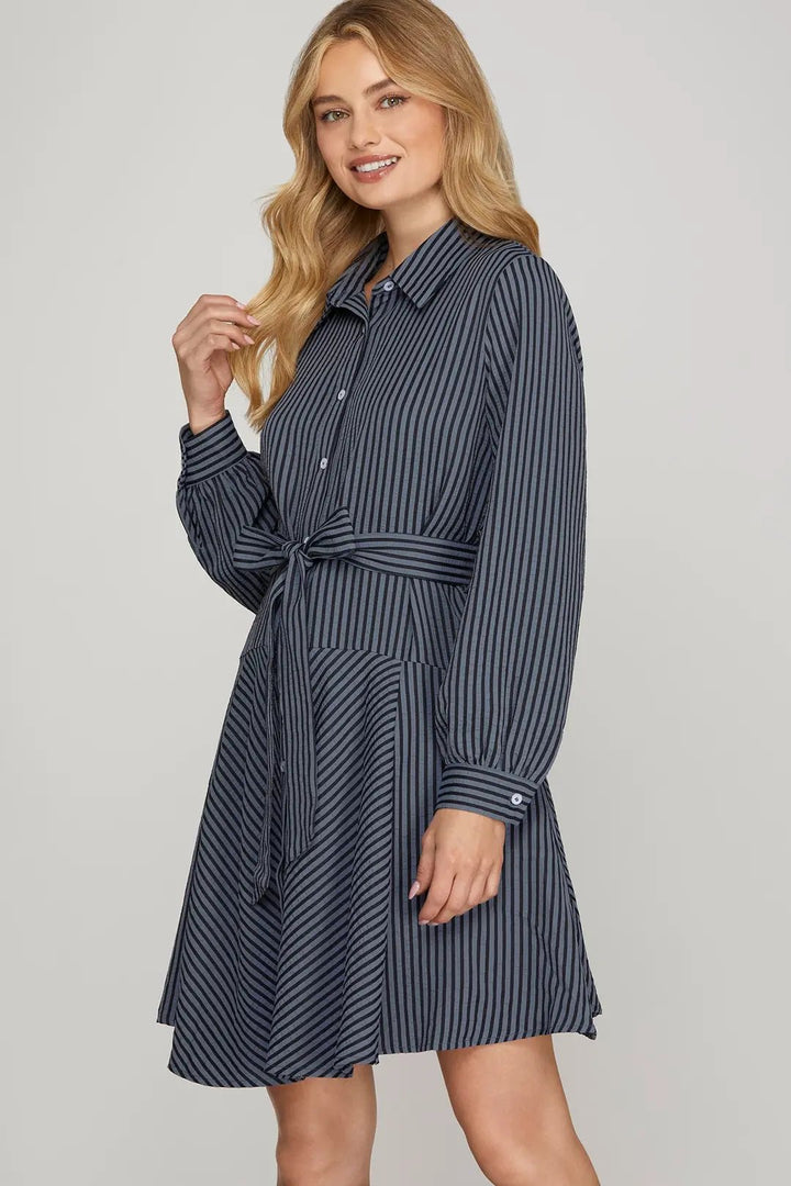 Striped Button - Down Mini Dress - Lush Lemon - Women's Clothing - She + Sky - 70515221023997