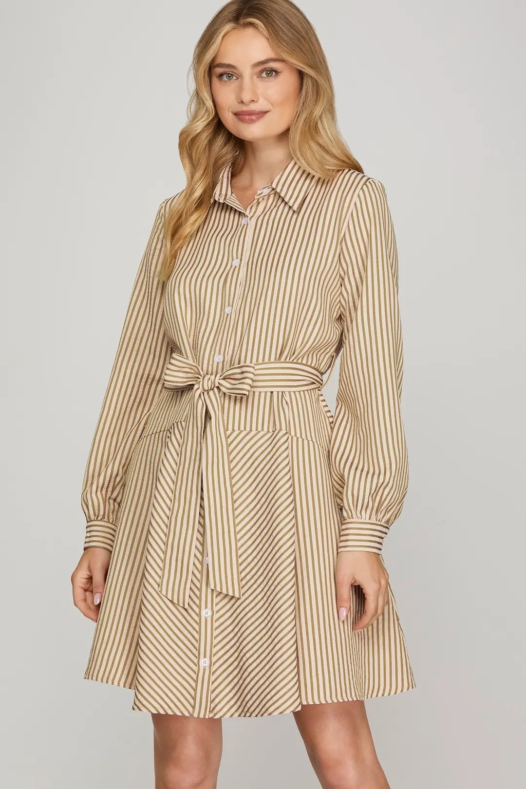 Striped Button - Down Mini Dress - Lush Lemon - Women's Clothing - She + Sky - 70515221322301