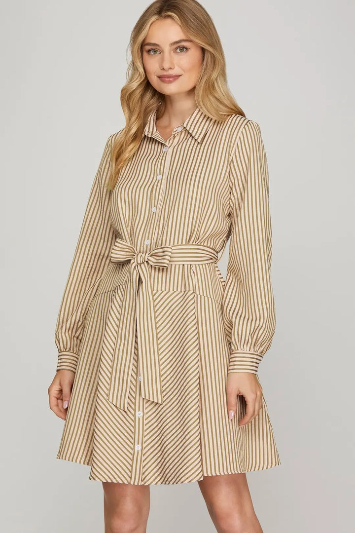 Striped Button - Down Mini Dress - Lush Lemon - Women's Clothing - She + Sky - 70515221322301