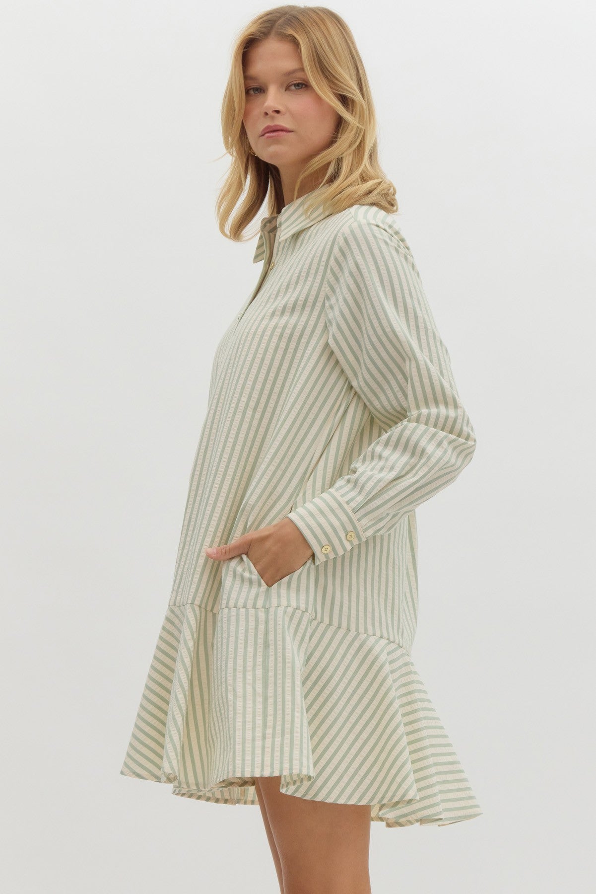 Striped Button-Up Ruffle Hem Mini Dress - Entro - Lush Lemon Sage / L Striped Button-Up Ruffle Hem Mini Dress - Entro - Lush Lemon Sage / L