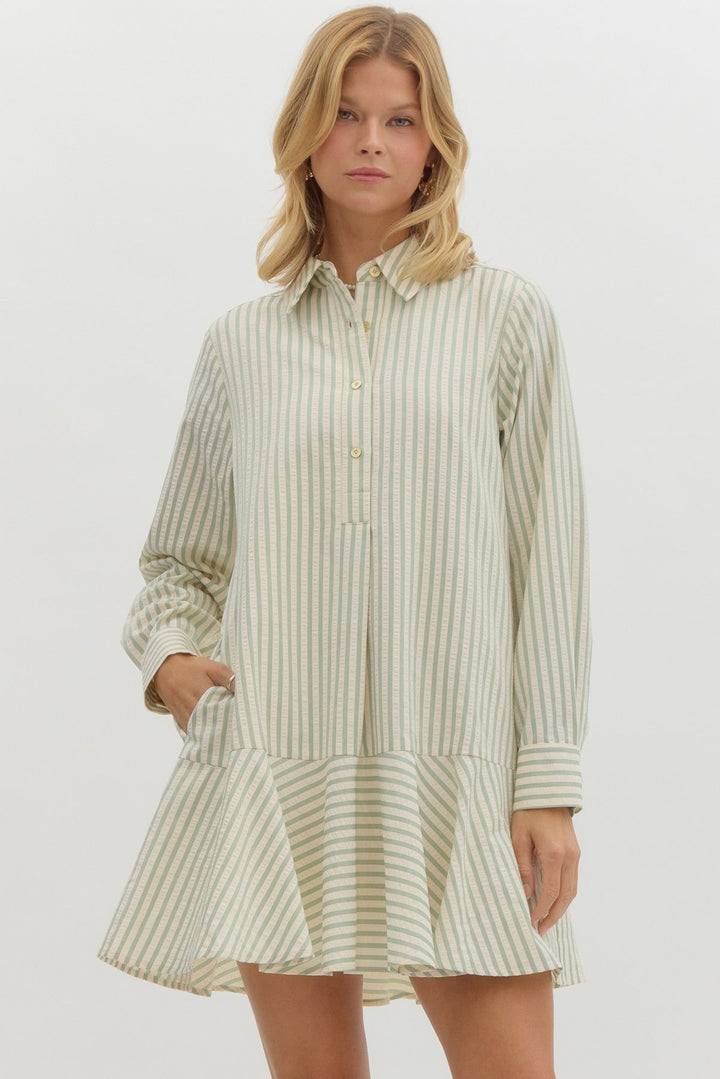 Striped Button - Up Ruffle Hem Mini Dress - Lush Lemon - Women's Clothing - Entro - 09685721068253