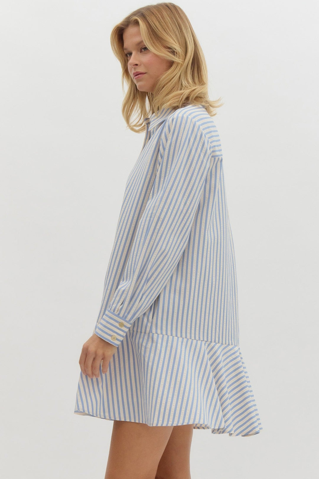 Striped Button - Up Ruffle Hem Mini Dress - Lush Lemon - Women's Clothing - Entro - 09685721366557