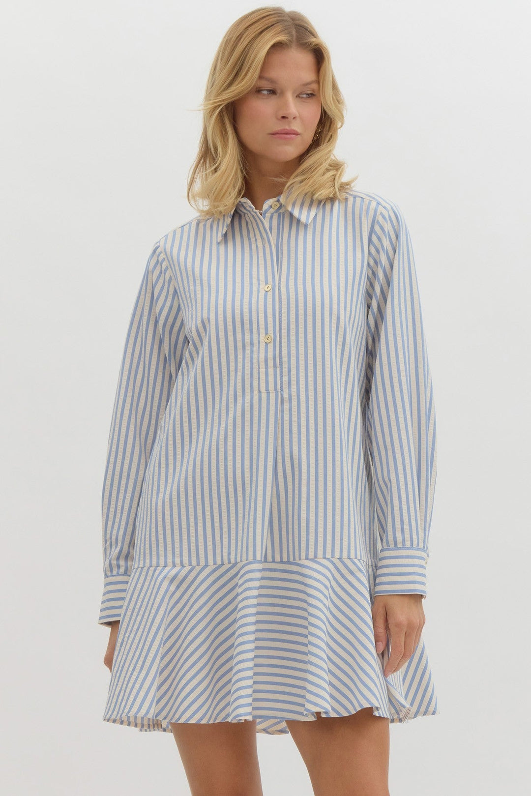 Striped Button - Up Ruffle Hem Mini Dress - Lush Lemon - Women's Clothing - Entro - 09685721366557