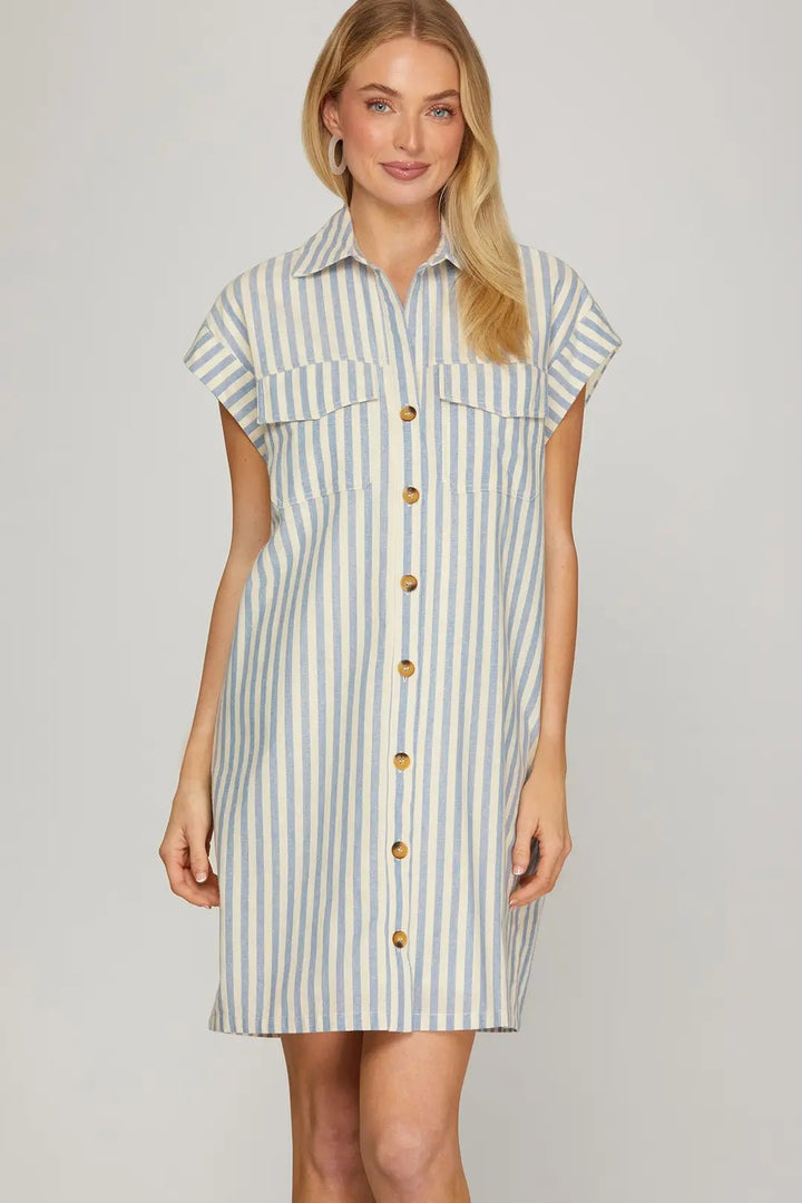 Striped Collared Button Down Mini Dress - Lush Lemon - Women's Clothing - She + Sky - 87795081061853