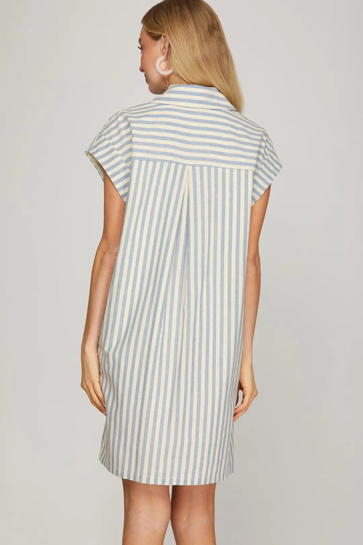 Striped Collared Button Down Mini Dress - Lush Lemon - Women's Clothing - She + Sky - 87795081061853