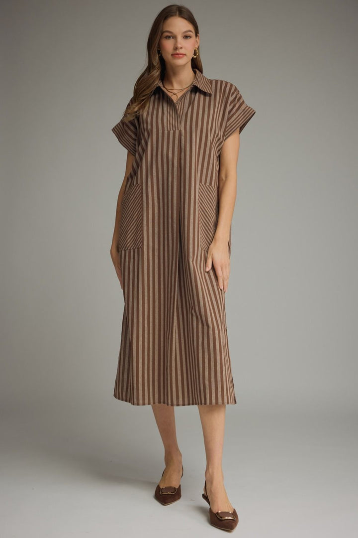 Striped Collared Pocket Midi Dress - Lush Lemon - Women's Clothing - Entro - 47689341047613