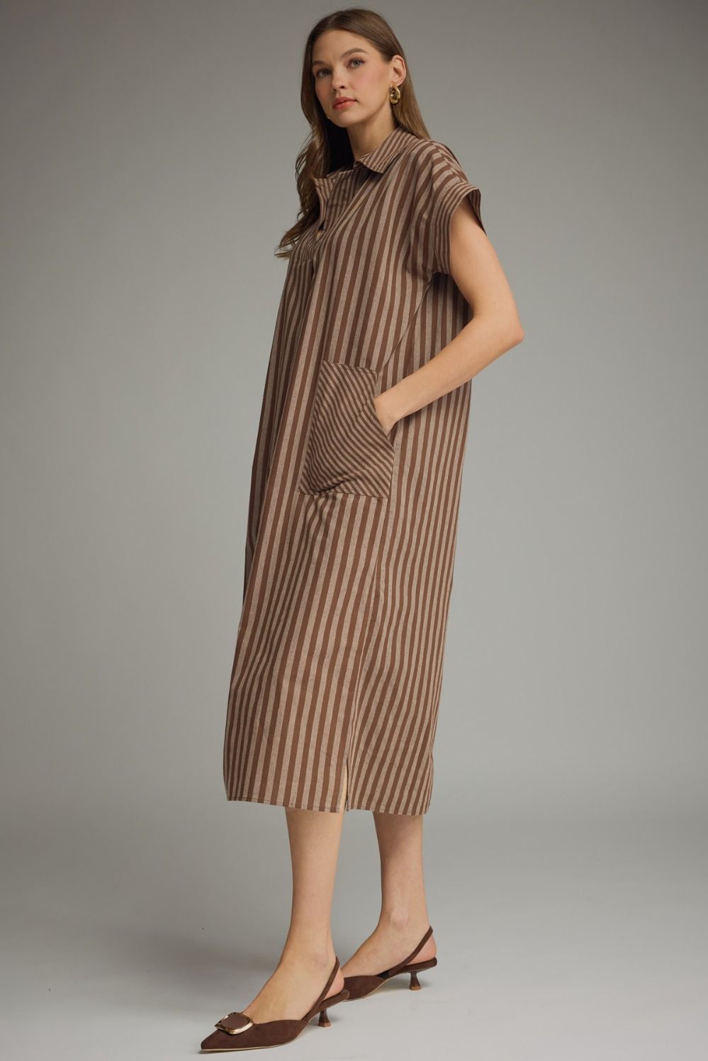 Striped Collared Pocket Midi Dress - Lush Lemon - Women's Clothing - Entro - 47689341047613