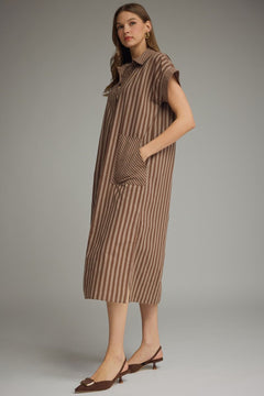 Striped Collared Pocket Midi Dress - Lush Lemon - Women&