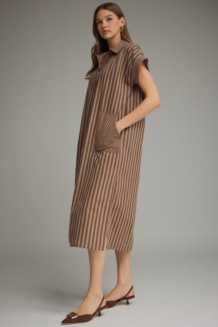 Striped Collared Pocket Midi Dress - Lush Lemon - Women's Clothing - Entro - 47689341047613