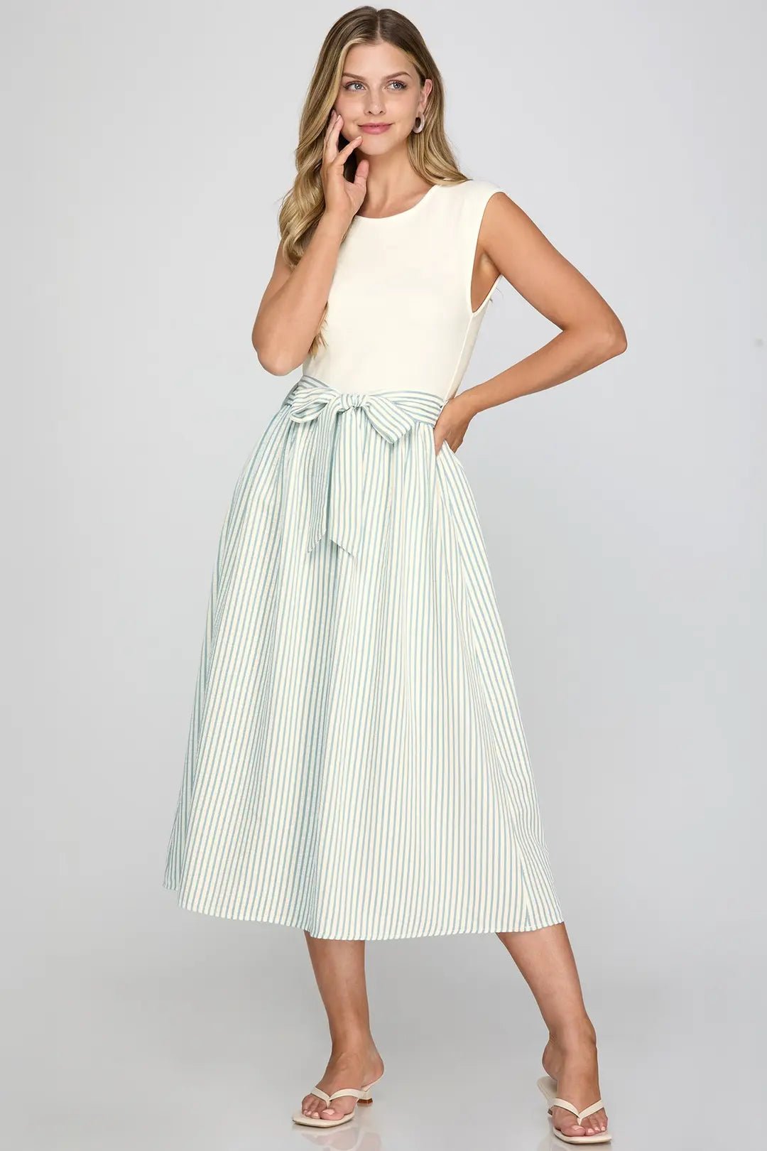 Striped Combo Midi Dress with Waist Tie - Lush Lemon - Women's Clothing - She + Sky - 66214491043837