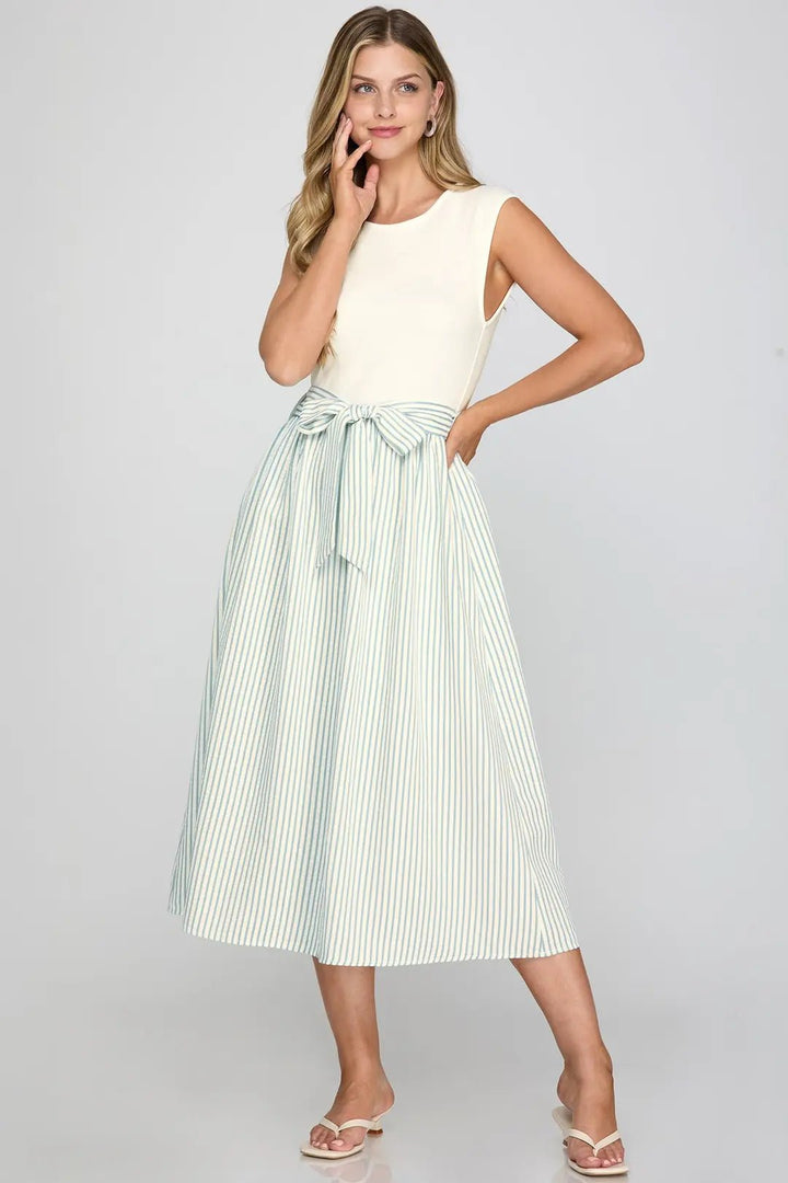 Striped Combo Midi Dress with Waist Tie - Lush Lemon - Women's Clothing - She + Sky - 66214491043837