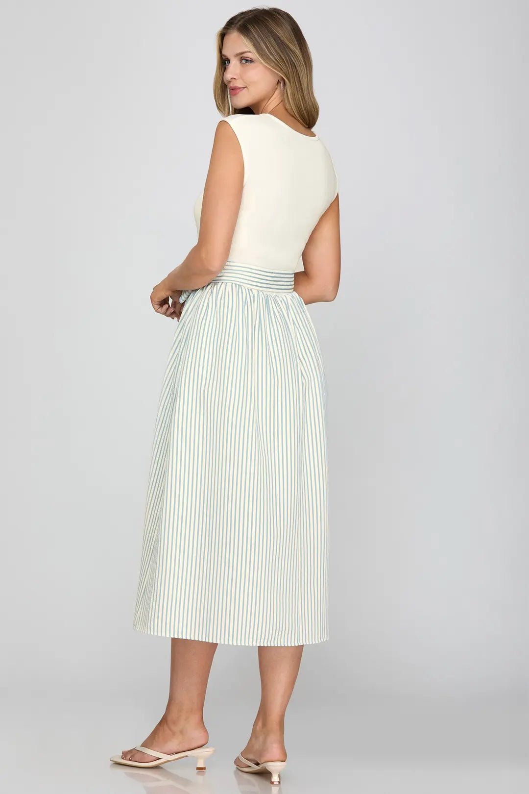 Striped Combo Midi Dress with Waist Tie - Lush Lemon - Women's Clothing - She + Sky - 66214491043837