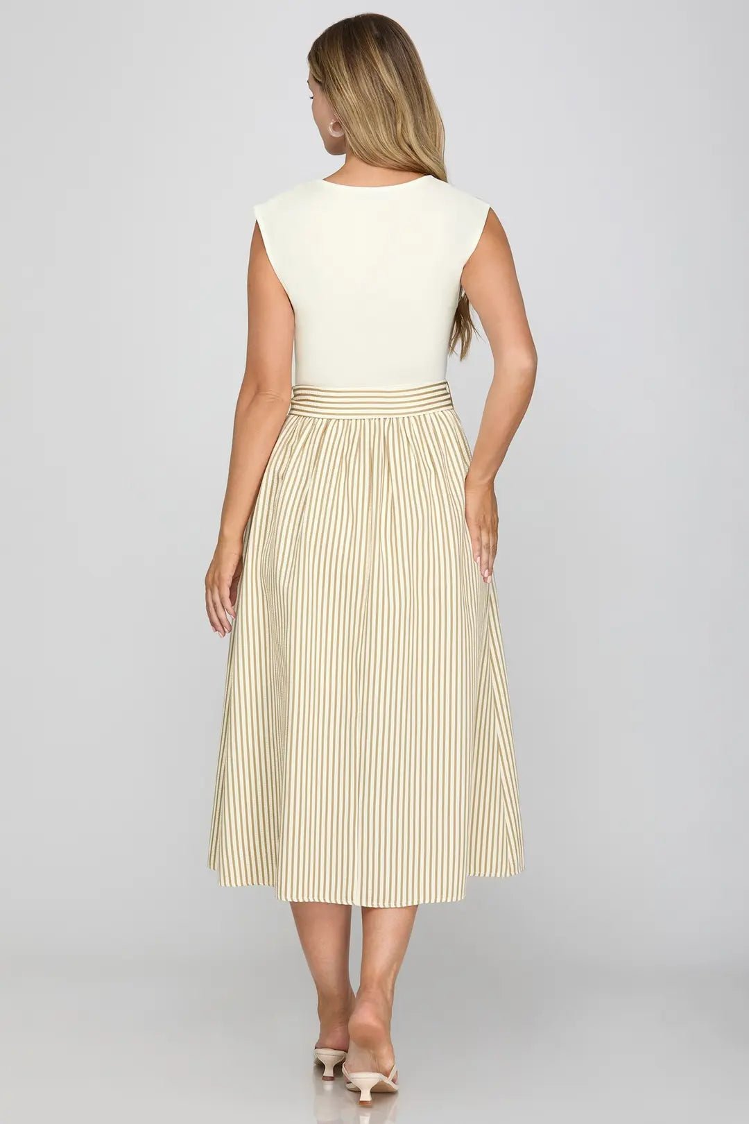 Striped Combo Midi Dress with Waist Tie - Lush Lemon - Women's Clothing - She + Sky - 66214491342141