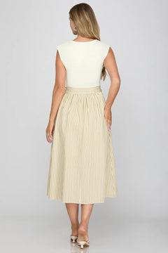 Striped Combo Midi Dress with Waist Tie - Lush Lemon - Women&