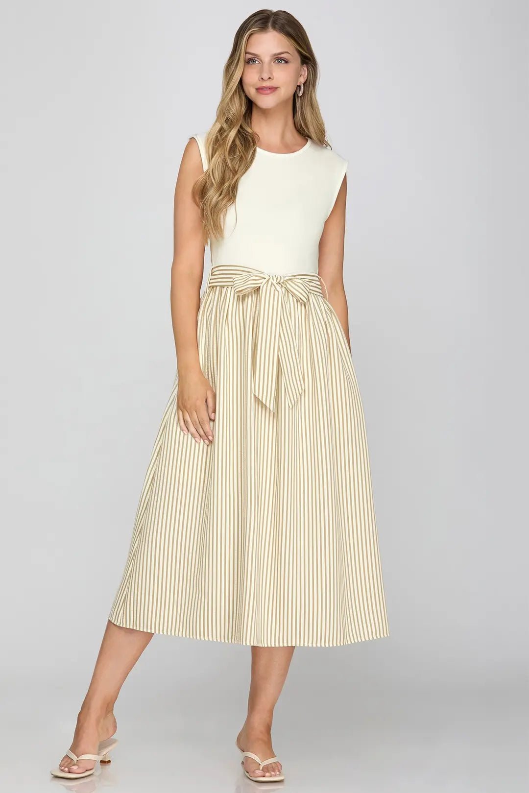 Striped Combo Midi Dress with Waist Tie - Lush Lemon - Women's Clothing - She + Sky - 66214491342141