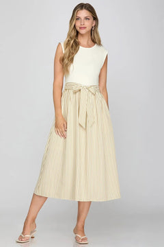 Striped Combo Midi Dress with Waist Tie - Lush Lemon - Women&