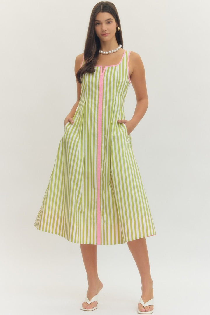Striped Contrast Trim Midi Dress - Lush Lemon - Women's Clothing - Entro - 85968211063965