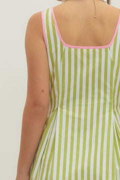 Striped Contrast Trim Midi Dress - Lush Lemon - Women&