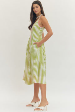 Striped Contrast Trim Midi Dress - Lush Lemon - Women&