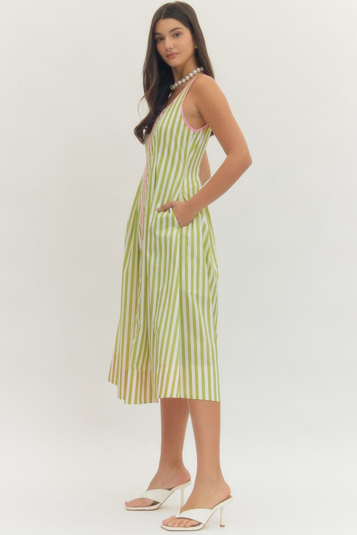 Striped Contrast Trim Midi Dress - Lush Lemon - Women's Clothing - Entro - 85968211063965