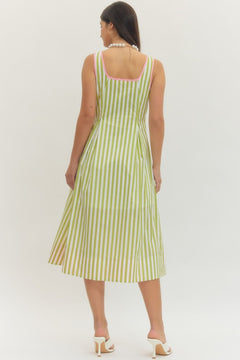 Striped Contrast Trim Midi Dress - Lush Lemon - Women&
