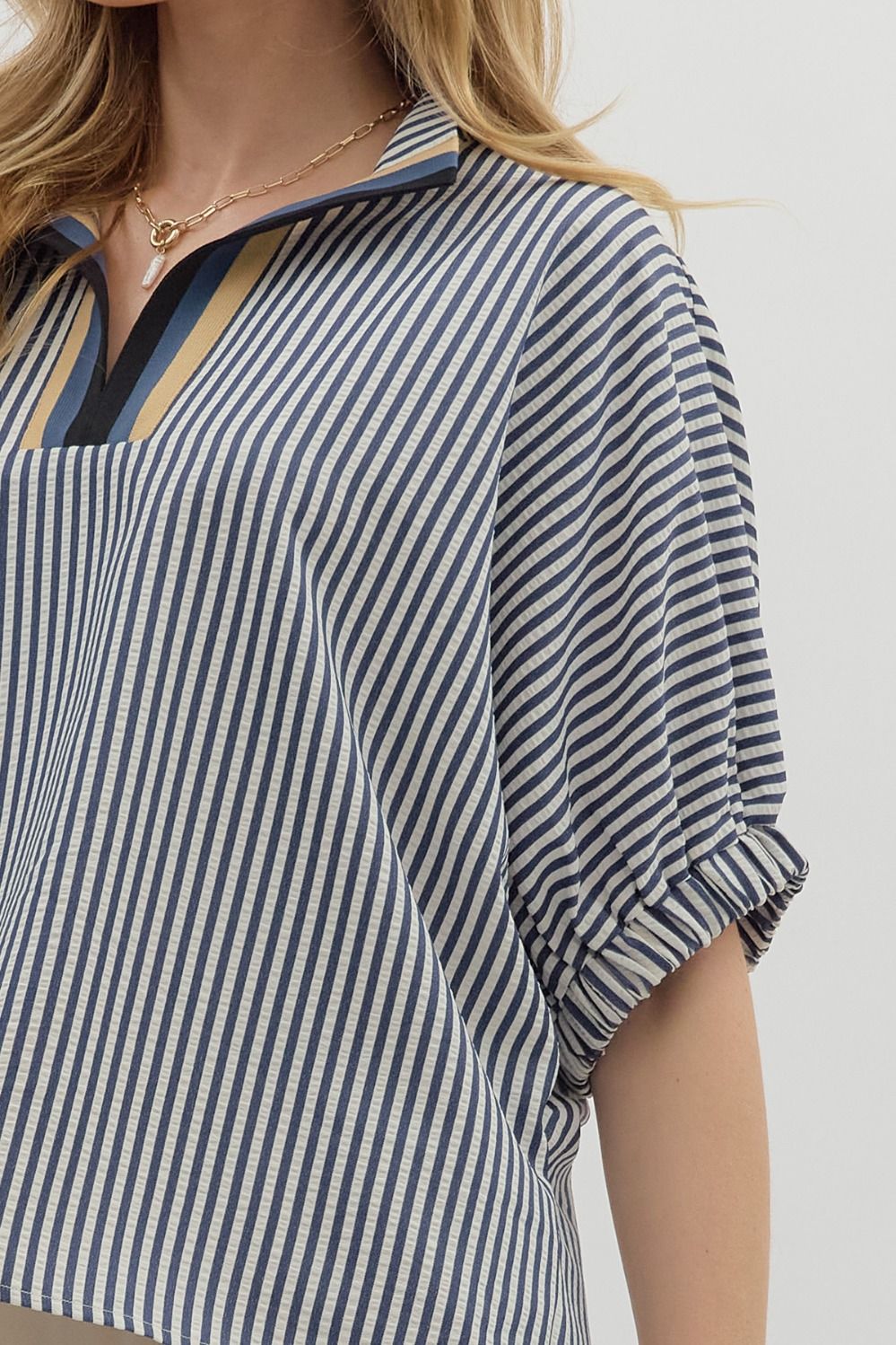 Striped Dolman Sleeve Split Neck Top - Lush Lemon - Women's Clothing - Entro - 28851631366877