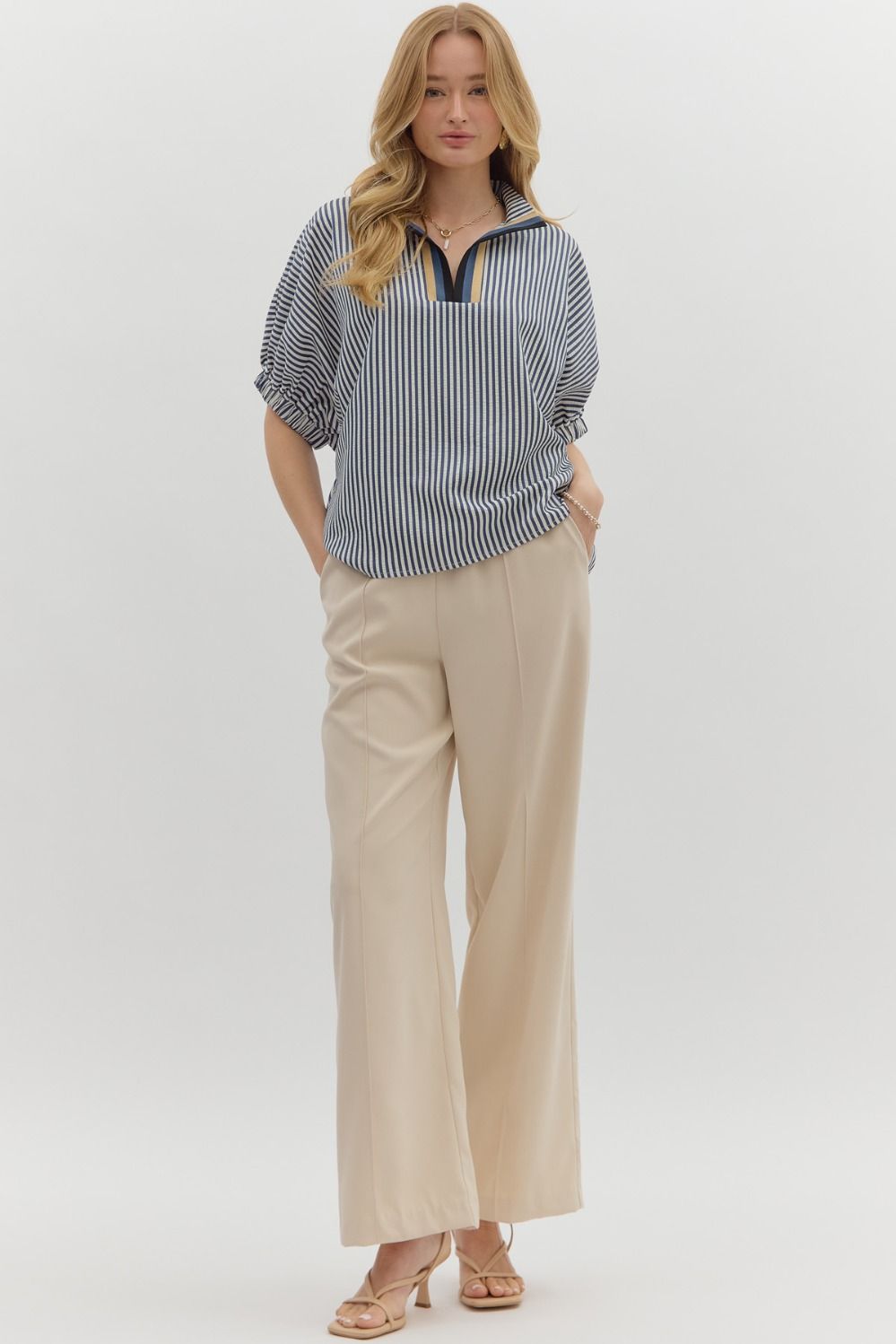 Striped Dolman Sleeve Split Neck Top - Lush Lemon - Women's Clothing - Entro - 28851631366877