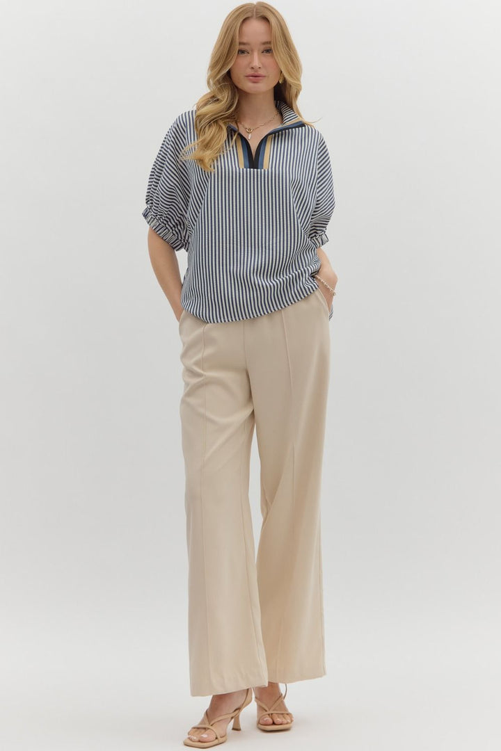 Striped Dolman Sleeve Split Neck Top - Lush Lemon - Women's Clothing - Entro - 28851631366877
