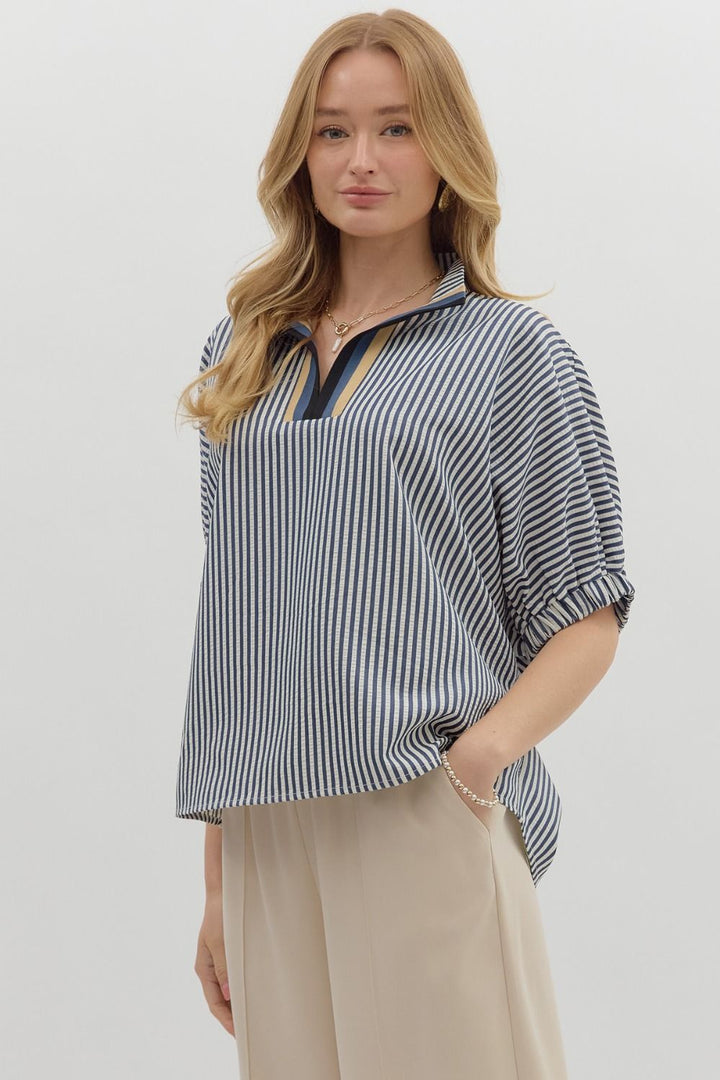 Striped Dolman Sleeve Split Neck Top - Lush Lemon - Women's Clothing - Entro - 28851631366877