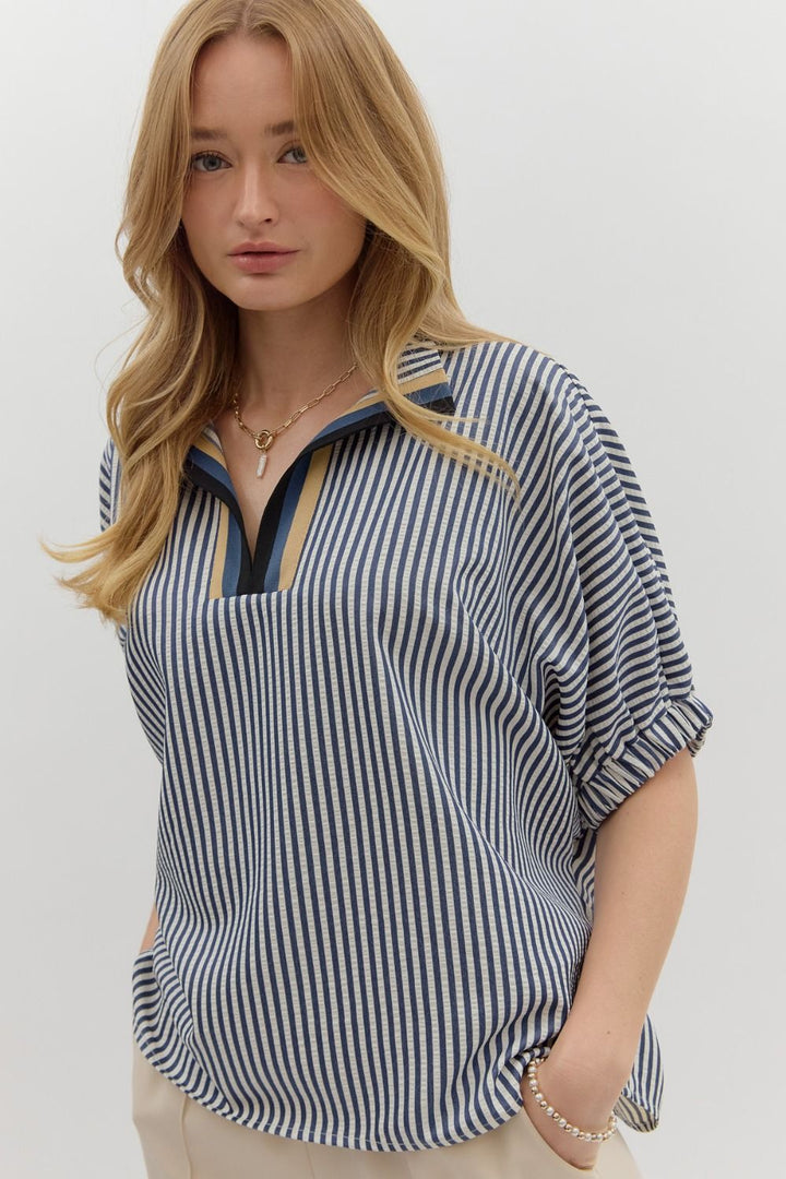 Striped Dolman Sleeve Split Neck Top - Lush Lemon - Women's Clothing - Entro - 28851631366877
