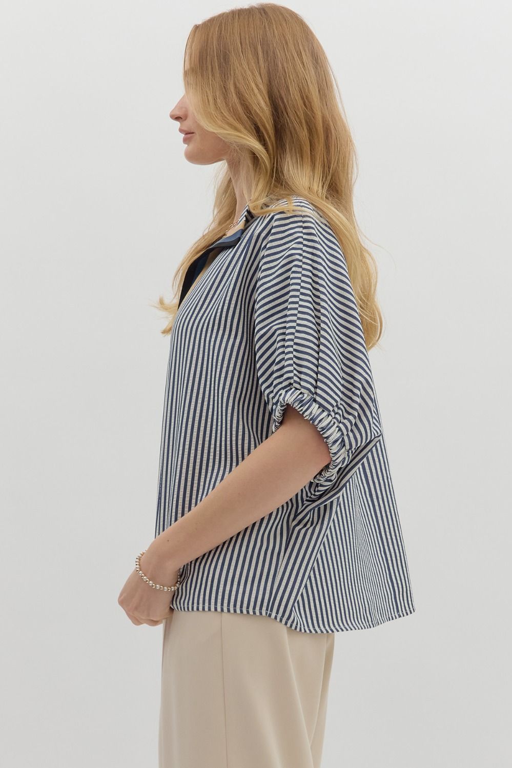 Striped Dolman Sleeve Split Neck Top - Lush Lemon - Women's Clothing - Entro - 28851631366877