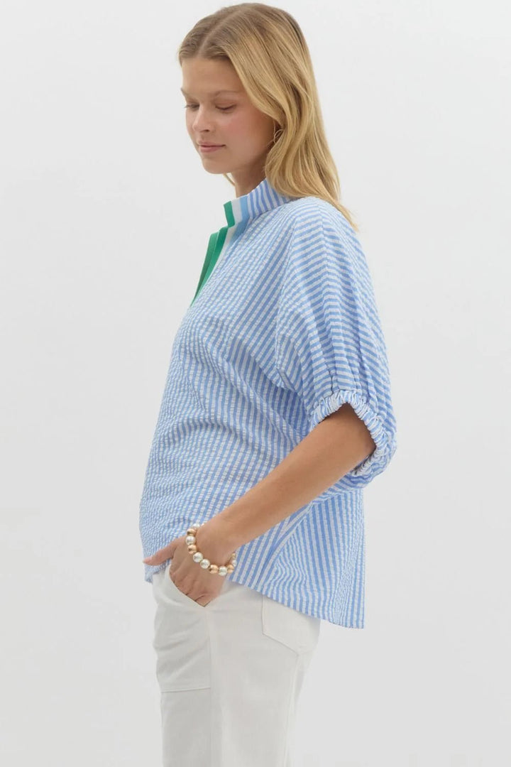 Striped Dolman Sleeve Split Neck Top - Lush Lemon - Women's Clothing - Entro - 78851631068573