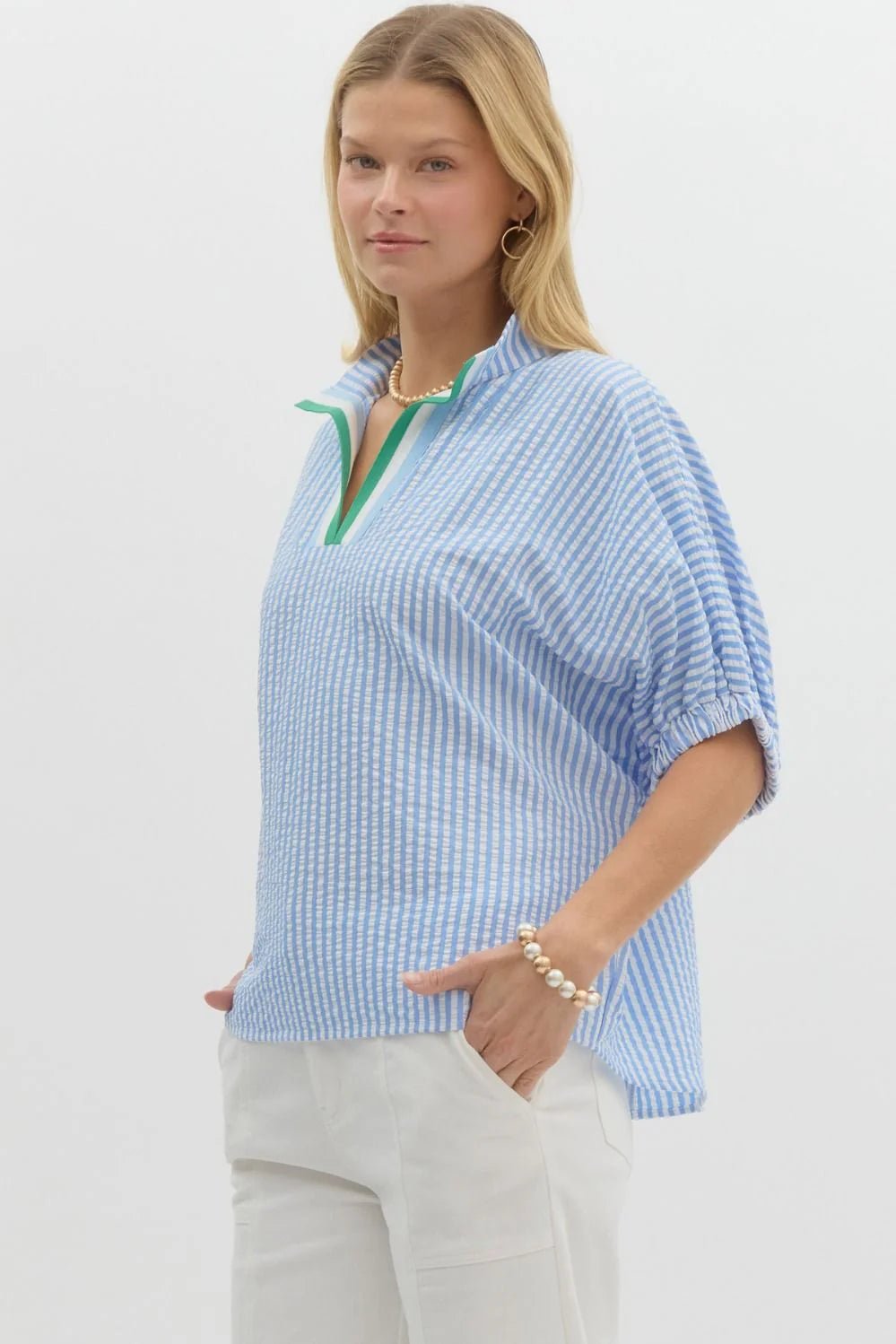 Striped Dolman Sleeve Split Neck Top - Lush Lemon - Women's Clothing - Entro - 78851631068573