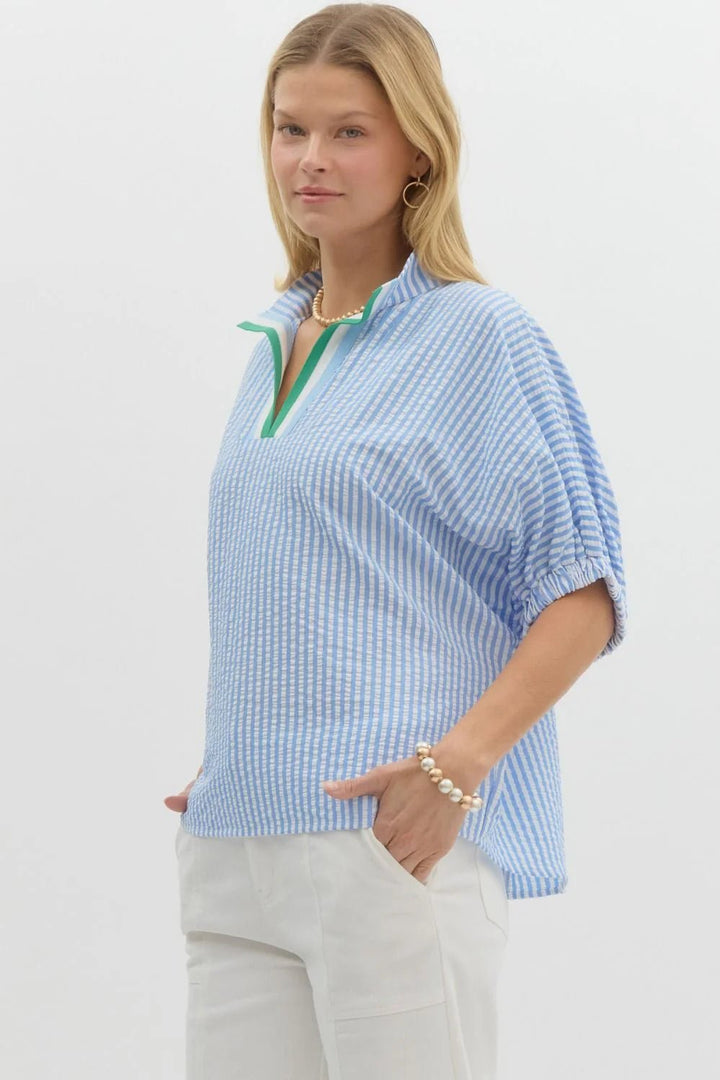 Striped Dolman Sleeve Split Neck Top - Lush Lemon - Women's Clothing - Entro - 78851631068573