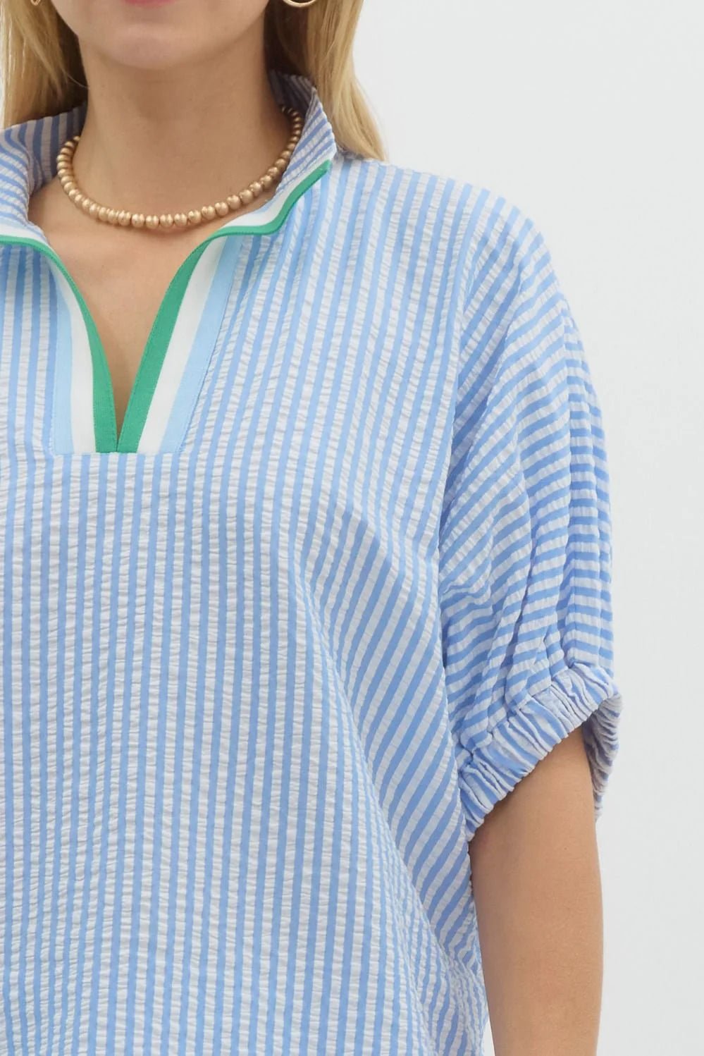 Striped Dolman Sleeve Split Neck Top - Lush Lemon - Women's Clothing - Entro - 78851631068573
