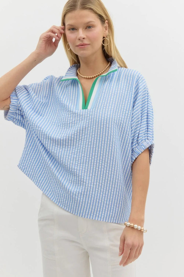 Striped Dolman Sleeve Split Neck Top - Lush Lemon - Women's Clothing - Entro - 78851631068573