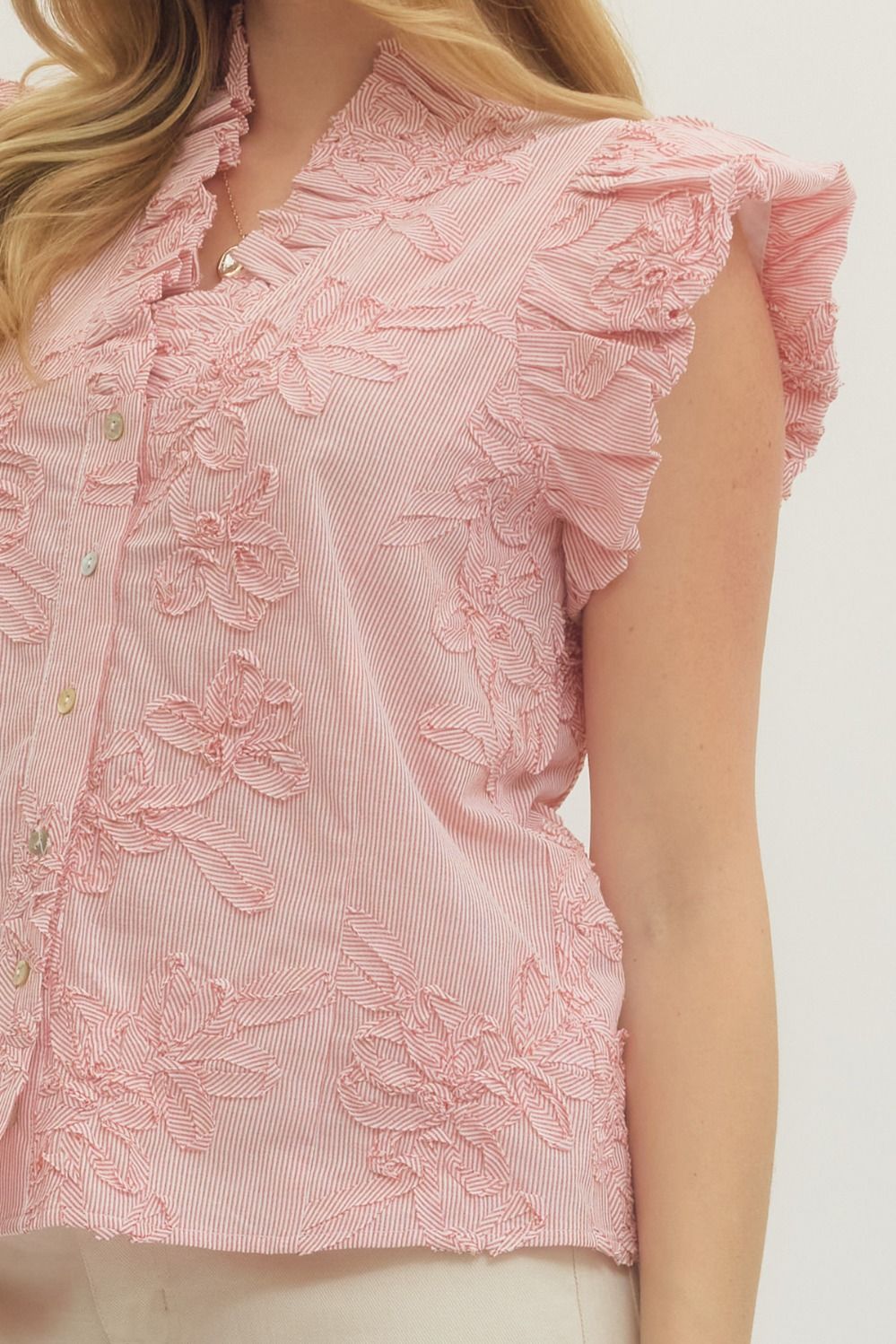 Striped Floral Applique Flutter Sleeve Top - Lush Lemon - Women's Clothing - Entro - 22295771049149