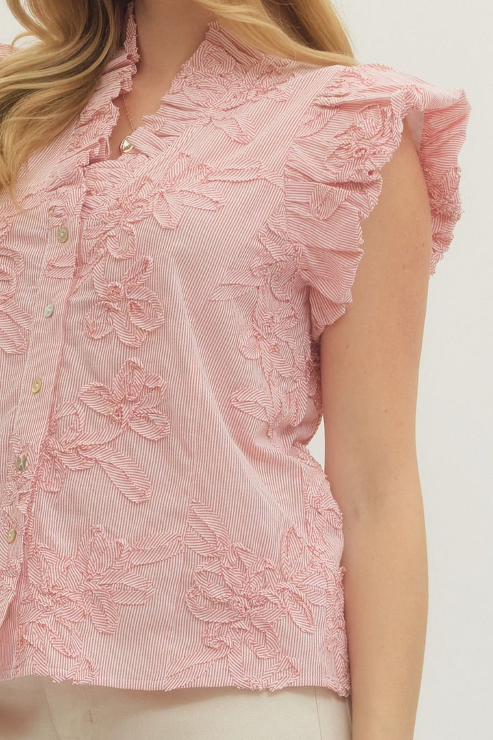 Striped Floral Applique Flutter Sleeve Top - Lush Lemon - Women's Clothing - Entro - 22295771049149