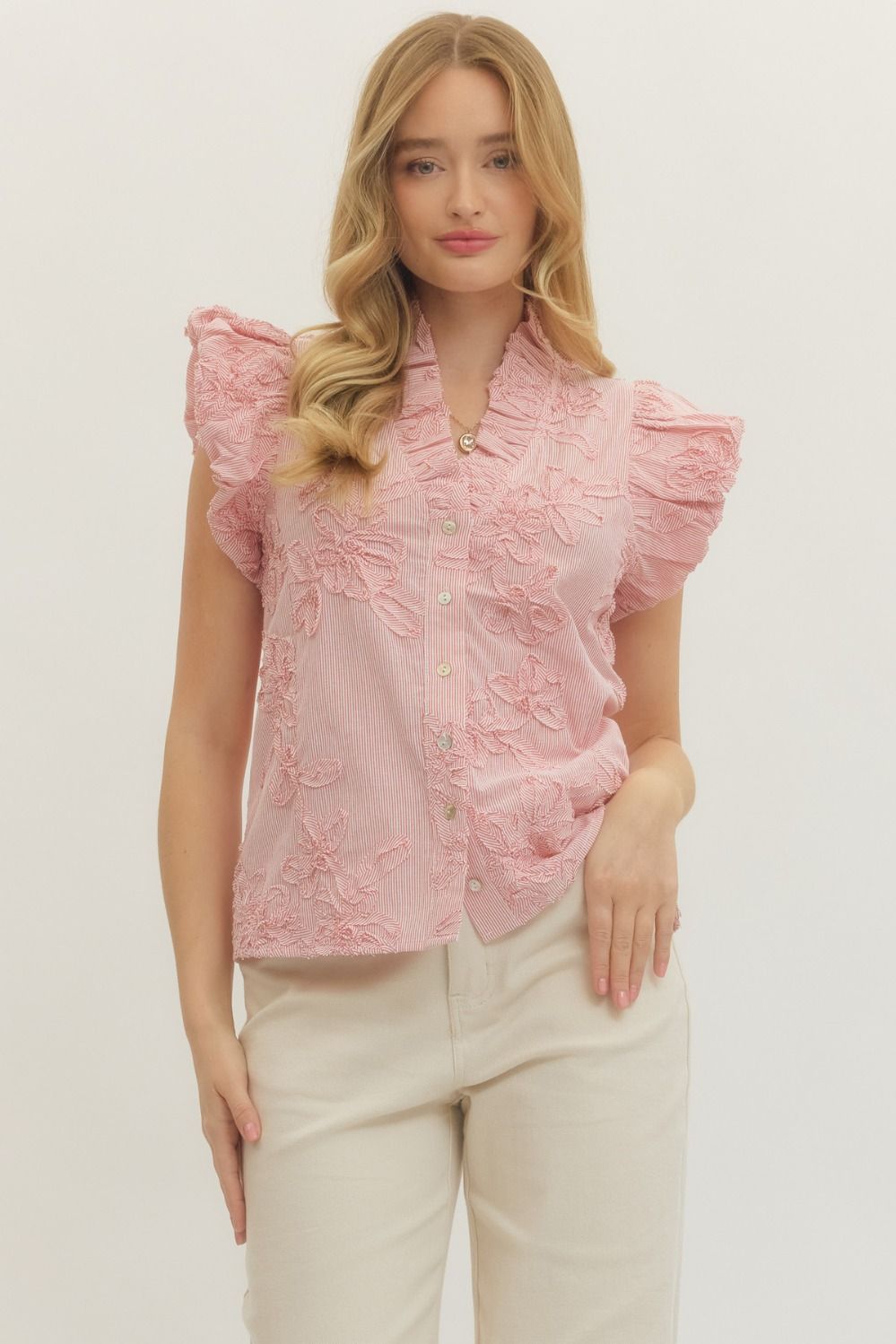 Striped Floral Applique Flutter Sleeve Top - Lush Lemon - Women's Clothing - Entro - 22295771049149