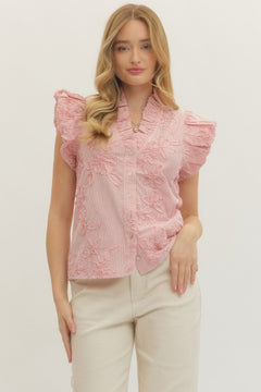 Striped Floral Applique Flutter Sleeve Top - Lush Lemon - Women&