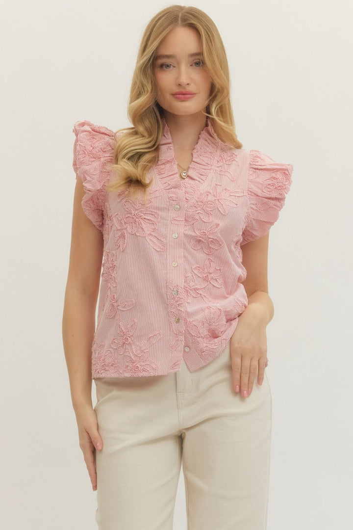 Striped Floral Applique Flutter Sleeve Top - Lush Lemon - Women's Clothing - Entro - 22295771049149