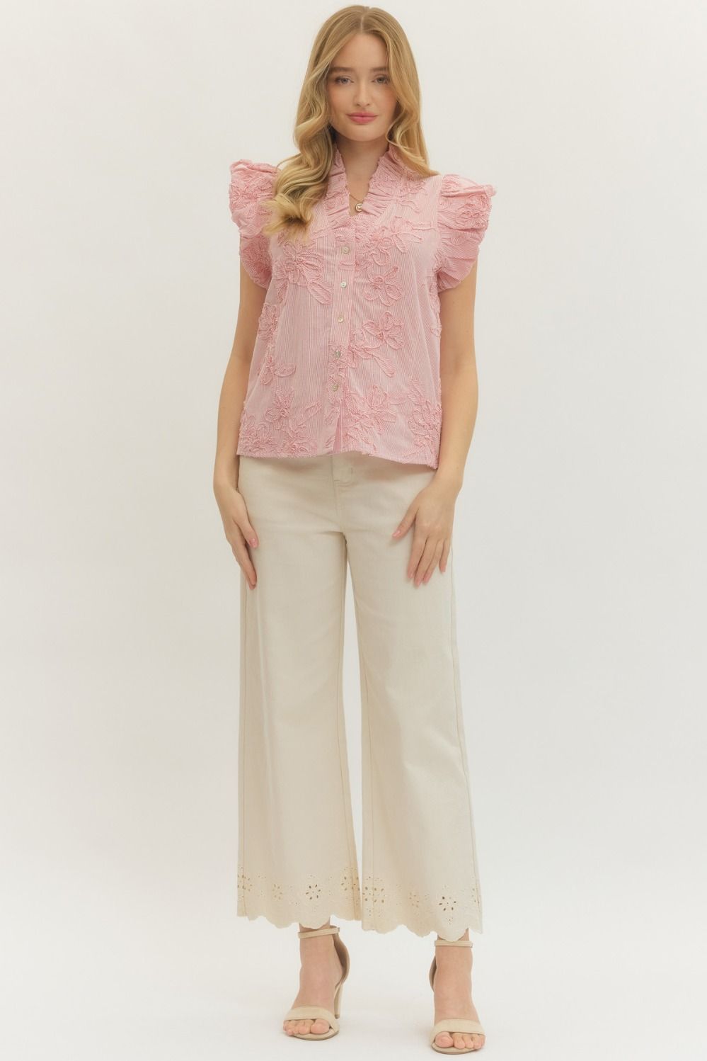 Striped Floral Applique Flutter Sleeve Top - Lush Lemon - Women's Clothing - Entro - 22295771049149