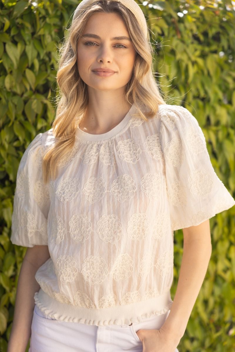 Striped Floral Embroidered Bubble Sleeve Top - Lush Lemon - Women's Clothing - Voy - 83670461027421