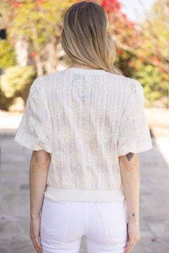 Striped Floral Embroidered Bubble Sleeve Top - Lush Lemon - Women&