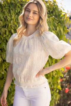 Striped Floral Embroidered Bubble Sleeve Top - Lush Lemon - Women&